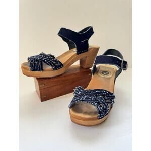 SKOLA 38 Denim Wedge Sandals Size Blue Wooden Heel Braided Straps